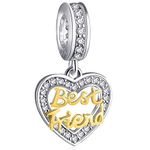 18K Gold Best Friend Dangle Charms fit Pandora Friendship Bracelet, 925 Sterling Silver Heart BFF Pendant Pave Birthstone CZ Beads, Birthday Gifts for Boyfriend/Girlfriend