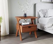 Raytrees Engineered Wood Bedside Table for Bedroom | Wooden Bed Side Nightstand Table | Night Stand Lamp Holder for Home | Sofa Side with Drawer & Shelf Storage | Brown Finish (Wood Bedside Table- A)