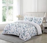 Duvet Cover Set with Pillowcases 3 Piece, Floral Printed 200 Thread Count 100% Cotton Rich White & Blue Duvet Cover Bedding Set Double King Super King Bed Size (King)