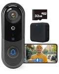 1080P Video Doorbell Camera with 32 GB SD Card, Wireless Doorbell Camera Outdoor, No Monthly Fee, indoor chime, 2.4G WiFi, IP65 Waterproof, Night Vision, Ai Human Detection, SD Card/Free Cloud Storage