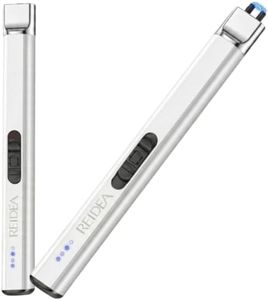 REIDEA Lighters 2 Pack R1 Flat Electronic Candle Lighter, Windproof Flameless USB Rechargeable Arc Lighter with Safe Button and Power Indicator for Candle, BBQ and Fireworks, White