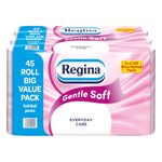 Regina Gentle Soft Toilet Tissue - 45 Rolls of 3 Ply Toilet Paper, 160 Sheets, Soft and Gentle, 30% PCR Plastic Packaging, FSC Certificated