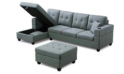 Aerys Sectional Sofa Couch for Living Room, Grey Couch Sectional with Storage Chaise and Cupholders, Sectional Sofa with Ottoman, LHF