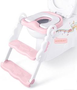 bebeleh Musical & Sound Toddler Potty Training Seat w/Step Stool Ladder - Collapsible & Adjustable Toilet, Pre Assembled Toddler Toilet Seat w/Music & Sounds - Splash Guard & Anti-Slip Steps - Pink