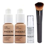 Phoera Foundation Full Coverage Makeup Set - Includes Buff Beige & Sand 30ml Matte Foundation, 6ml Face Primer & Liquid Foundation Brush for Easy Application