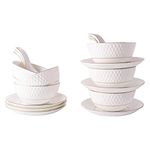 E-Ezra Indian Tableware Ceramic Bone China White Soup Bowls Cup with Spoons & Saucer/Deep Maggi Cup Microwave Safe (Embossed White)