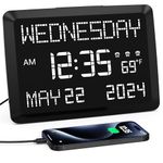 Mesqool Digital Calendar Day Clock, 11.5” Extra Large Dementia Clock with Clear Temperature Display, Alarm Clock with Snooze, 5 Dimmer and USB Chargers, Desk and Wall Clock for Elderly and Memory Loss