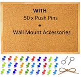 Cork Notice Pin Board Bulletin Vision Boards for Home Bedroom Offices Memo Message Pictures Planner Display Organiser Wood Frame Corkboard - Wall Mount Screws and 50 Push Pins - 400 x 300 mm