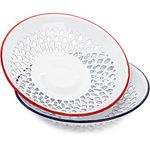 Frcctre 2 Pack Enamel Colander Strainer Bowl Plates, Vintage Self-draining Fruit Dishes Enamelware, White Metal Enamel Dinnerware Set, Red/Blue Edge Country Original Home Kitchen Decoration