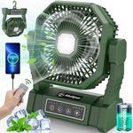 Camping Fan with LED Lantern, Upgraded Portable Rechargeable Outdoor Tent Fan with Light & Hook & Remote, 4 Speeds Powerful Cooling USB Desk Fan, Battery-Powered Fan for Fishing, Picnic (Green)