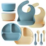 10 PC Silicone Baby Essentials Feeding Set, 2 Silicone Suction Plates, 2 Silicone Suction Bowls, 2 Bibs, 2 Spoons 2 Forks, BPA Free, Microwave & Dishwasher Safe, o1baby