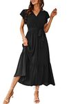 PRETTYGARDEN Women's 2024 Floral Boho Dress Wrap V Neck Short Sleeve Belted Ruffle Hem A-Line Flowy Maxi Dresses (Solid Black,X-Large)