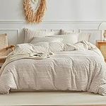 WARMDERN Boho Duvet Cover Set King Size,Khaki Striped Duvet Cover Microfiber Bedding Set,3PCS Ultra Soft Breathable Lightweight Tuft Texture Pattern Duvet Covers with Zipper Closure(Khaki,King)