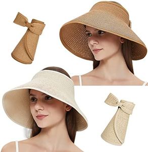 MAYLISACC 2 Pack Straw Sun Visors for Women UPF50+ Floppy Wide Brim, Foldable Topless Beach Hats UV Protection Khaki&Beige