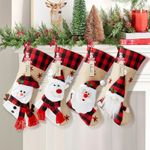 Minetom Christmas Stockings with Personalized Name Tag, 4 Pack 18" Christmas Stocking Snowman Deer Santa Gnome Burlap Plaid Xmas Stocking Holiday Christmas Decoration Gifts for Family Kids