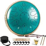 HOPWELL Steel Tongue Drum - 15 Note 12 Inch Tongue Drums - Percussion Instruments - Hand Pan Drum with Music Book, Drum Mallets and Carry Bag, D Major, Malachite Green