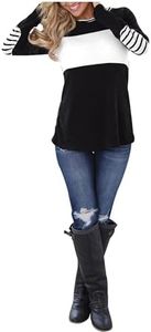 Blooming Jelly Women's Long Sleeve Round Neck Elbow Patched Color Block Stripe Shirt Tops(M),Black