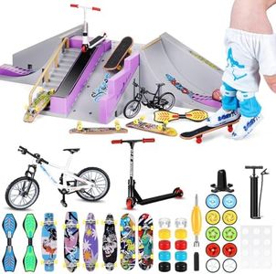 Syhood 73 Pcs Finger Skateboard Ramp Set, Skateboards Toys Set Includes Finger Skateboards Finger Bikes Swing Board Mini Scooters Finger Pants Shoes Matched Wheels and Tool Accessories for Party Gift