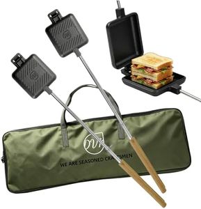 DVK 2Pcs Cast Iron Sandwich Maker for Campfire, Pre-seasoned Pie Iron with Detachable Long Wood Handle and Storage Bag, Portable Toasted Sandwich Cooker for Outdoor Camping and Fire Pit Cooking