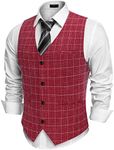 COOFANDY Men's Slim Fit Tweed Suit Vest Formal Business Herringbone Waistcoat Red Plaid Medium