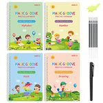 Magic Practice Copybook for Kids, 4 Pack Groove Calligraphy for Children Set with Handwriting Pens for Beginners, Reusable Children Workbook for Drawing, Math, Numbers, English Alphabet, 19x13cm