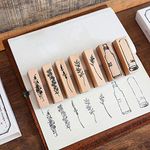 kreni 7 Pieces Vintage Wooden Rubber Stamps, Plant & Flowery Decorative Mounted Rubber Stamp Set for DIY Craft, Letters Diary and Craft Scrapbooking