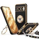 XYZ for Google Pixel 8 Pro Case with Stand, Pixel 8 Pro Phone Case with Strap for Women Girls, Double Ring Bling Luxury Heart Protective Phone Case for Google Pixel 8 Pro, Black