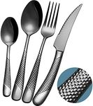 Xideman 16-Piece ​Modern Black Hammered Silverware Set with Ultra Sharp 2-IN-1 Serrated Knives, 18/10 Stainless Steel Flatware Set, Titanium ​Plated Cutlery Set Service for 4, Dishwasher Safe