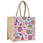 Sangra Multicolor Jute bag for Women and Men Lunch Bag with Zip and Handle (Flower Blue) (Elephant Buddha)