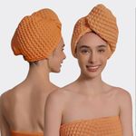 KOSMU Hair Towel | 3 Pack, 100% Cotton Silk Hair-Drying Waffle Wrap Turban for Women, Ultra-Absorbent, Anti Frizz, Hair Damage Protection for Straight and Curly Hair (Coral Orange, 3 Pack)