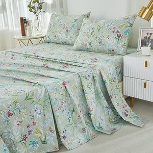 Brandream Garden Style Butterfly Floral Bedding Elegant Watercolor Painting Farmhouse Queen Size Sheets Set Luxury Bedding Collections 800 Thread Count 100% Egyptian Cotton Deep Pocket, 4 Piece Green