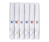 Caruso Italy Men's Initial Monogram M Embroidery 100% Pure Cotton Casual Style Handkerchief White Base With Colored Border - Pack Of 6