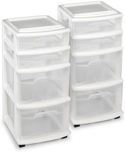 HOMZ 2-Pack Drawer Tower, 4-Tier Clear Plastic Storage Organizer Cart, White Frame - Organizing Containers with Wheels for Home, Bathroom, Bedroom, Office, and Classroom
