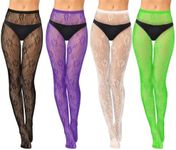 Jiuguva 4 Pack Women Lace Tights Patterned Tights Fishnet Stockings Floral Pantyhose Stockings Rose Flower Halloween Costume, Black, White, Purple, Green, One Size