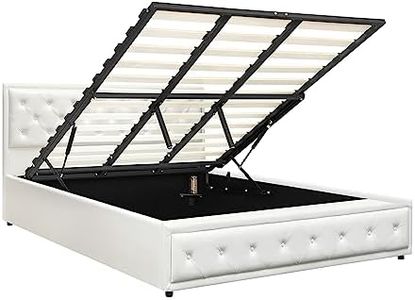 Oikiture King Bed Frame with Storage Space Gas Lift Bed Mattress Base White