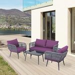 LOCCUS 4-Piece Outdoor Indoor Rope Patio Furniture Set Conversation Garden Waterproof Weaving Rope Bistro Set for Balcony Lawn Garden Terrace (Grey and Purple)