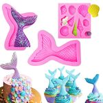 Set of 3 Silicone Fondant Cake Moulds Mermaid Tail Mold Seashell Mold Sea Creature Shaped Pastry Baking Cake Moulds for Decorating Cakes Chocolate Candy Fondant Muffin Ice Jelly Pink Irregular Shape