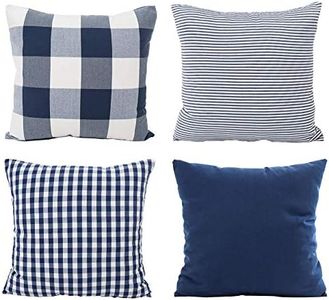 Hoplee Decorative Throw Pillow Cover Set of 4 Buffalo Plaid,Tricking Stripe and Gingham Plaid Design, Cotton and Polyester, Navy, 18"x18"