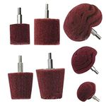 Polishing Brushing Shaped scouring pad Grinding Head - 7 Pcs Red Non Woven Abrasive Drill Buffing Attachment Set with 1/4 Handle for Manifold/Aluminum/Stainless Steel/Chrome etc