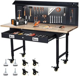 GarveeTech 60" Adjustable Height Workbench, Rubber Wood Tabletop Workbench with Pegboard, Storage Drawers, Rolling Work Table with Wheels, Power Outlet, 2000lbs Capacity, Garage Workbench for Workshop