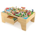 GYMAX Children Train Track Set, Kids Train Play Table with Drawer & Abundant Accessories, Wooden Train Playset for Living Room, Bedroom (84PCS, 97 x 63 x 40 cm)