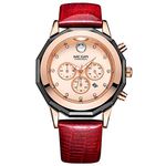 Megir Ladies Watch Chronograph Leather Strap Quartz Women Watches with Date Luminous (Red)