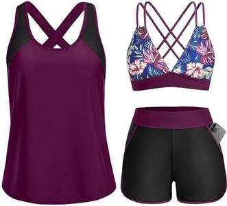 Daci Purple Leaves 3 Piece Tankini Swimsuit Tummy Control with Bra Pocket Boy Shorts M