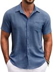 COOFANDY Short Sleeve Button Down Men Casual Linen Shirts for Men Summer Shirt Cruise Outfit Denim Blue