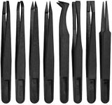 MMOBIEL 8Pcs Anti-static Multifunctional Plastic Precision Tweezers Set, Slant Flat Tip Tweezer Pointy/Curved Tips Tweezers for Electronics, Jewelry-Making, Laboratory Work, Repair Black