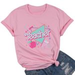 Teacher Shirts for Women Vintage 80s 90s Teacher Life Tee Teach Love Inspire Teacher Gift Casual Short Sleeve Tops Pink