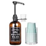 Amber Glass Mouthwash Dispenser for Bathroom with Reusable Cup Holder and Pump, Glass Cup and Clear Plastic Paper Cup Dispenser Included, 16 Oz Rustic Boho Mouthwash Dispenser Farmhouse Decor