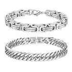 Uwiyo Mens Bracelets Set, 2 Pcs Stainless Steel Mens Silver Cuban Link Chain Byzantine Bracelet Silver Chain Bracelet for Men Boys Birthday Anniversary Father's Day Christmas (Sliver-8mm, 9)