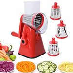 Rotary Cheese Grater Handheld Vegetable Slicer with 3 Stainless Steel Drum Blades, Carrot Grater for Kitchen, Slicer Shredder for Cheese, Cucumber, Nuts, Strong Suction Base, Easy to Use - Red