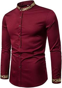 SSBZYES Chemises Hommes Chemises à Col Montant Couleur Unie à Manches Longues Chemises Brodées à La Mode Hommes Motif Broderie Col Henley Chemises à Manches Longues Tops Décontractés XXL Vin Rouge
